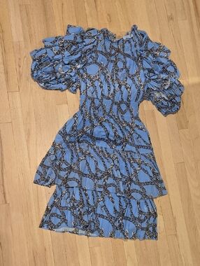 Sky Blue Chain-Print Puff Sleeve Midi Dress